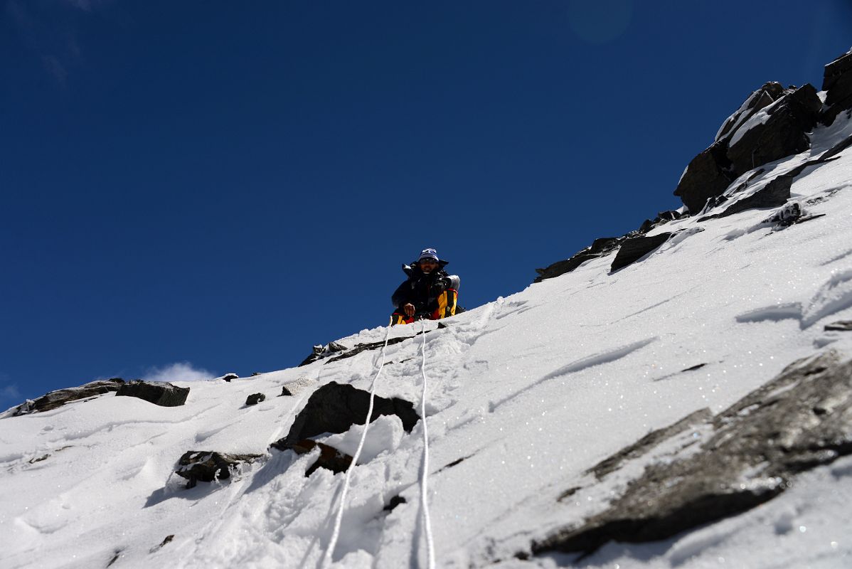 55 Climbing Sherpa Lal Singh Tamang Patiently Waiting At The Top Of The Rock Band On The Climb To Lhakpa Ri Summit 